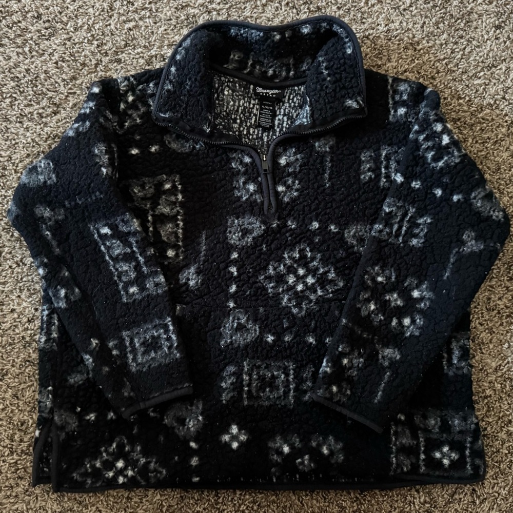 Women’s Cozy Black and Gray Bandana Patterned Teddy Jacket Quarter Zip